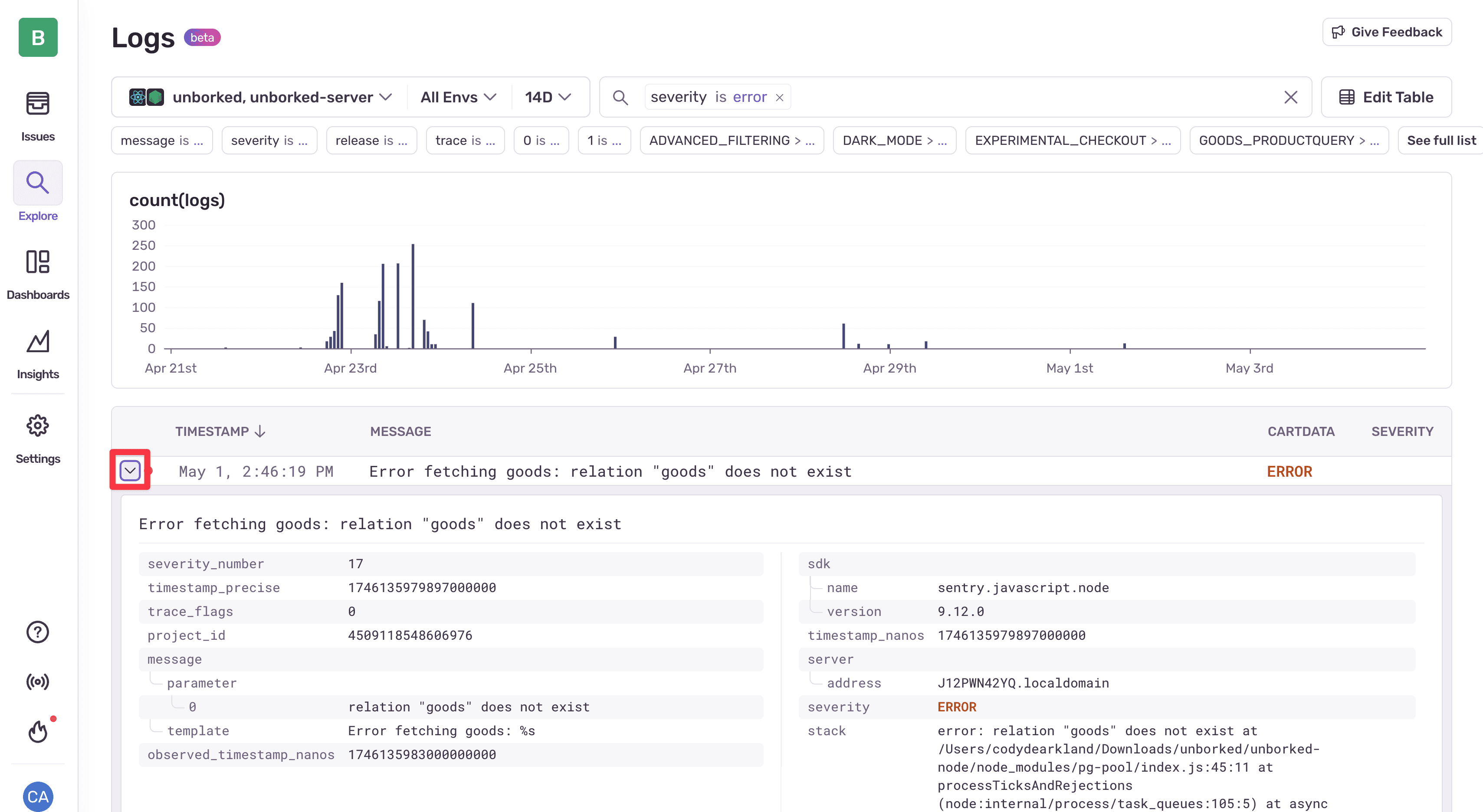 Expanded Logs View